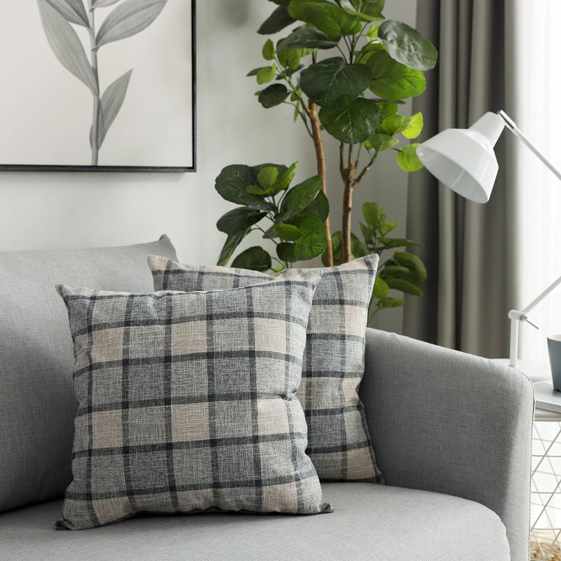 UGS UGASA UGASA Decorative Square Throw Pillow Cases Classic Retro Checkered Plaids Cotton Linen Cushion Cover with Invisible Zipper Closure for Sofa, 18 x 18 Inch Set of 2, Natural + Beige - Image 1