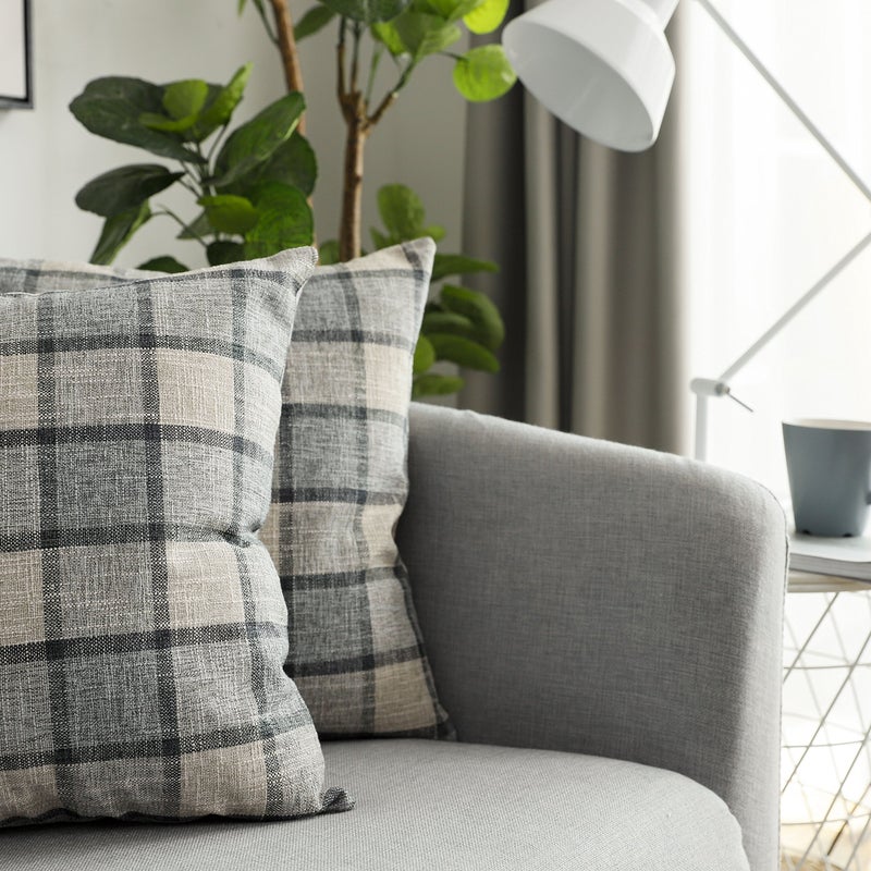 UGS UGASA UGASA Decorative Square Throw Pillow Cases Classic Retro Checkered Plaids Cotton Linen Cushion Cover with Invisible Zipper Closure for Sofa, 18 x 18 Inch Set of 2, Natural + Beige - Image 3