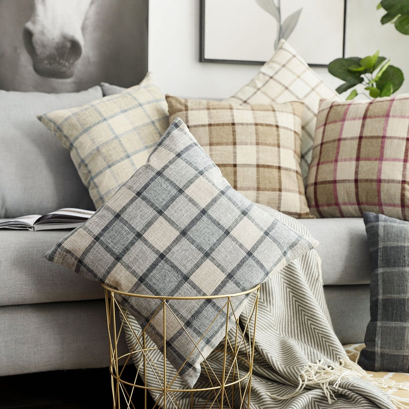 UGS UGASA UGASA Decorative Square Throw Pillow Cases Classic Retro Checkered Plaids Cotton Linen Cushion Cover with Invisible Zipper Closure for Sofa, 18 x 18 Inch Set of 2, Natural + Beige - Image 4