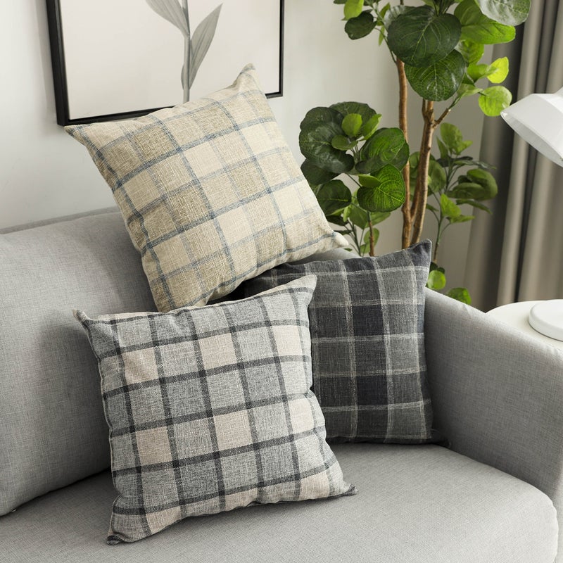 UGS UGASA UGASA Decorative Square Throw Pillow Cases Classic Retro Checkered Plaids Cotton Linen Cushion Cover with Invisible Zipper Closure for Sofa, 18 x 18 Inch Set of 2, Natural + Beige - Image 5