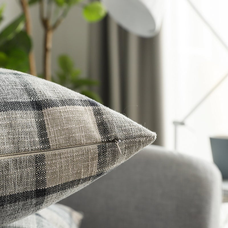 UGS UGASA UGASA Decorative Square Throw Pillow Cases Classic Retro Checkered Plaids Cotton Linen Cushion Cover with Invisible Zipper Closure for Sofa, 18 x 18 Inch Set of 2, Natural + Beige - Image 2