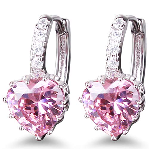 GULICX Heart shape Created Pink sapphire Cubic Zirconia Silver Tone hoops shiny earrings - Image 1
