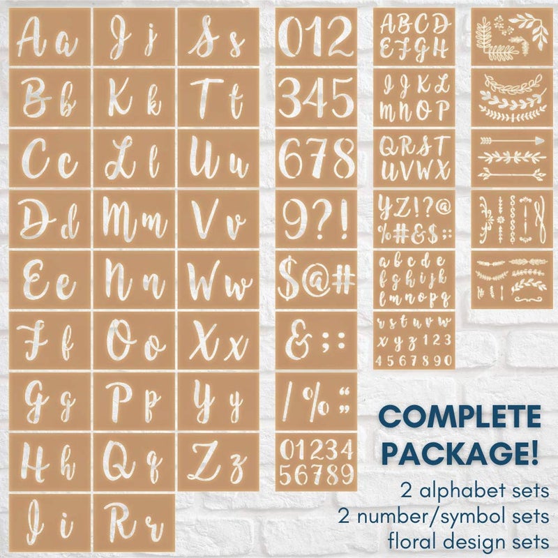 CITRUSY Boutique Calligraphy Stencil Template Kit | 45 Reusable Pieces | Lettering Upper, Lowercase, Large & Small | Numbers, Punctuation, Laurels and Flowers - For Arts Crafts Painting Wood (Calligraphy Kit) - Image 2