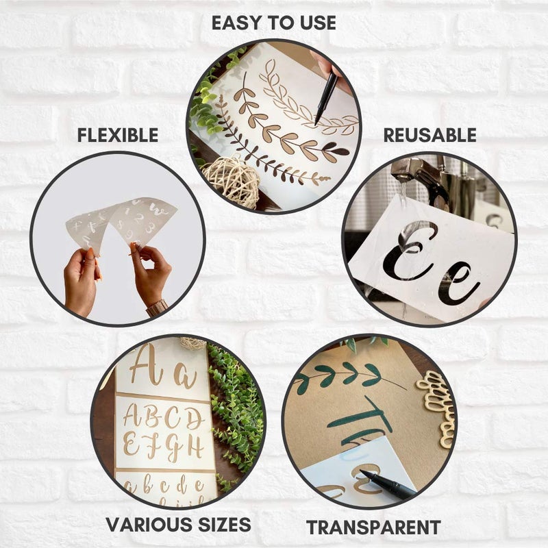 CITRUSY Boutique Calligraphy Stencil Template Kit | 45 Reusable Pieces | Lettering Upper, Lowercase, Large & Small | Numbers, Punctuation, Laurels and Flowers - For Arts Crafts Painting Wood (Calligraphy Kit) - Image 3