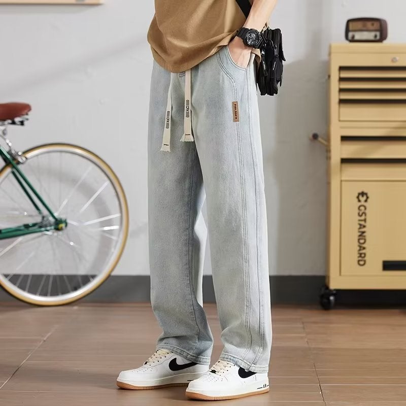 Summer Jeans Mens Spring and Autumn Thin American Style High Street Loose Straight Casual Wide Leg Long Pants Sports Students K840 light white 