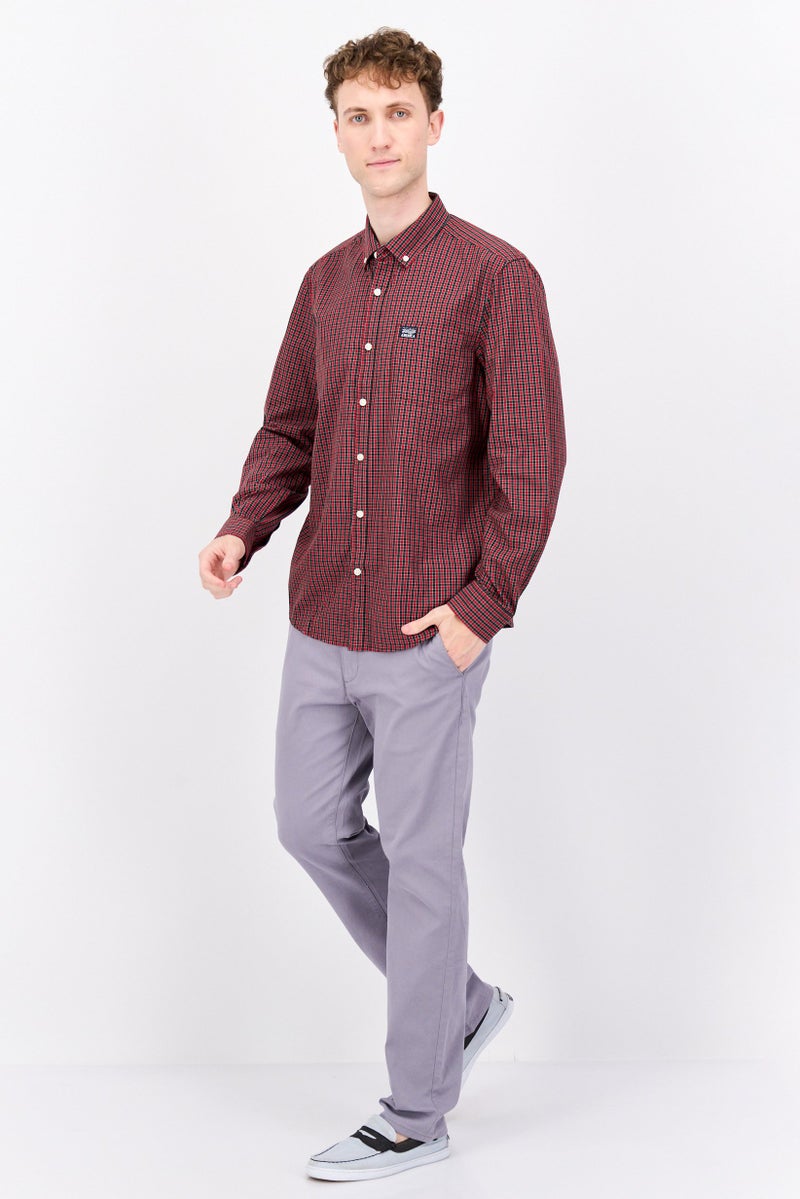 PERRY ELLIS Men Regular Fit Checkered Long Sleeve Casual Shirt, Red Combo - Image 4