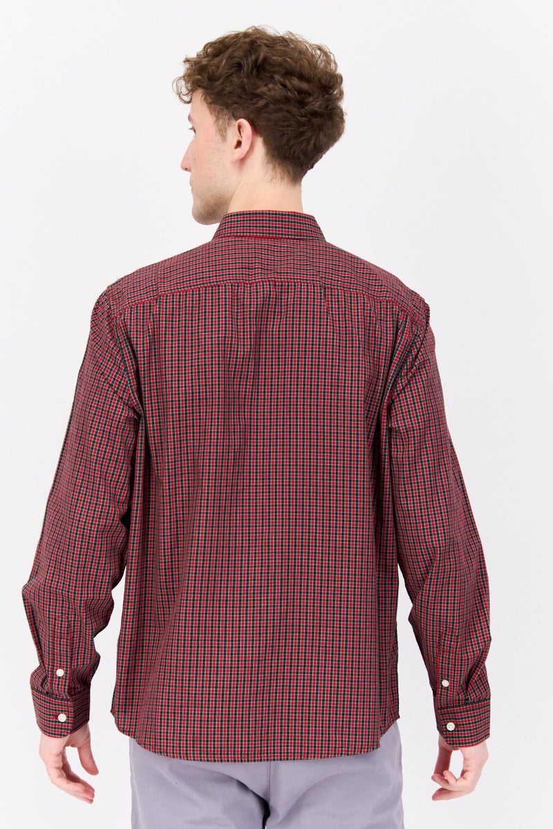 PERRY ELLIS Men Regular Fit Checkered Long Sleeve Casual Shirt, Red Combo - Image 3