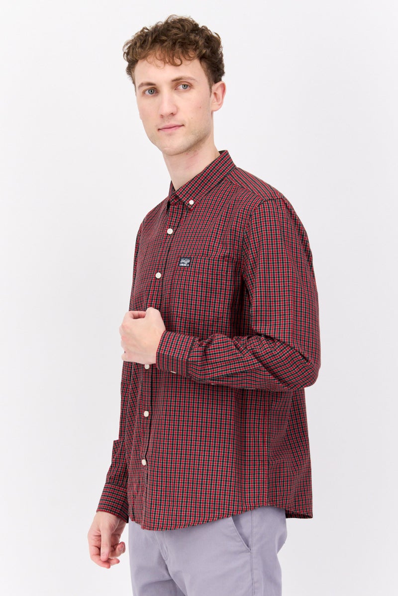 PERRY ELLIS Men Regular Fit Checkered Long Sleeve Casual Shirt, Red Combo - Image 2