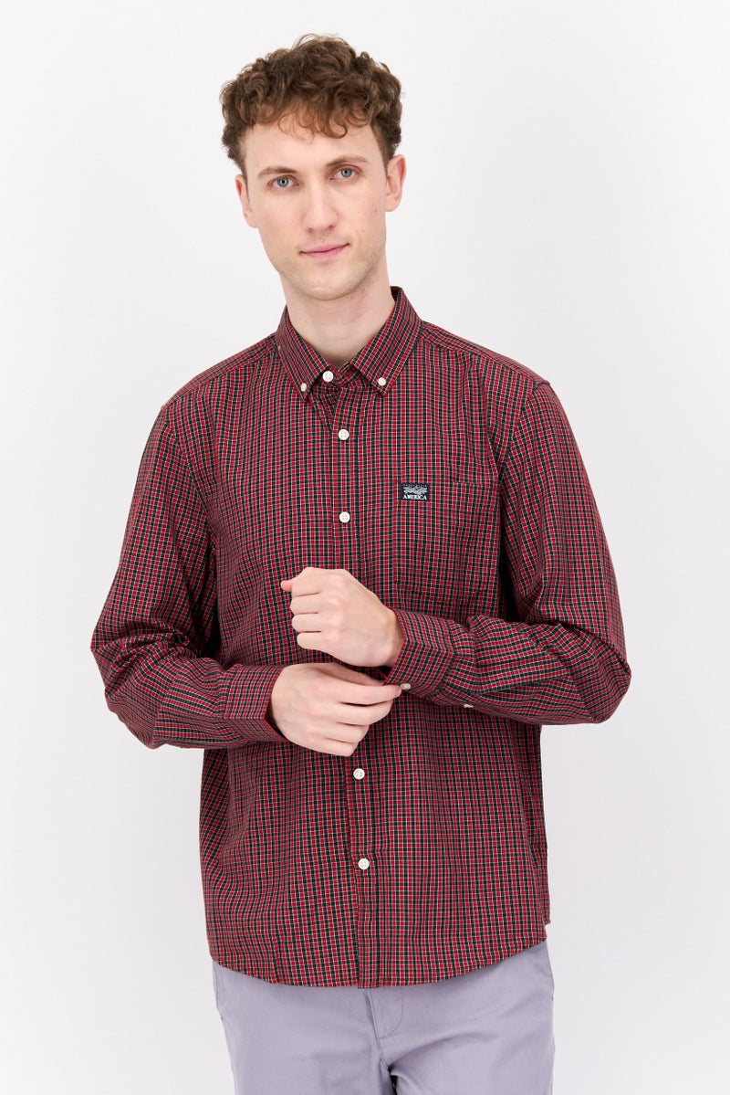 PERRY ELLIS Men Regular Fit Checkered Long Sleeve Casual Shirt, Red Combo - Image 1