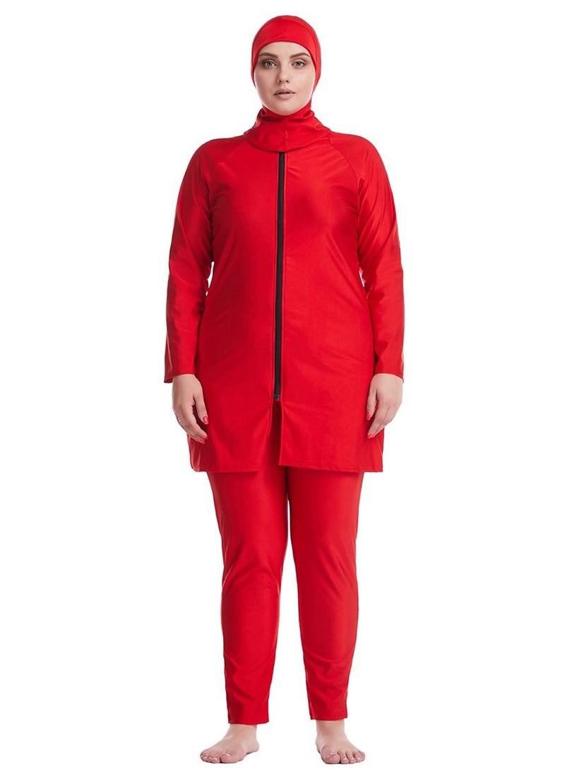 Loquat Womens Big Size 3-Piece Swimwear Set Conservative Style Long Sleeve Burkinis Swimsuit Set Red  - Image 1