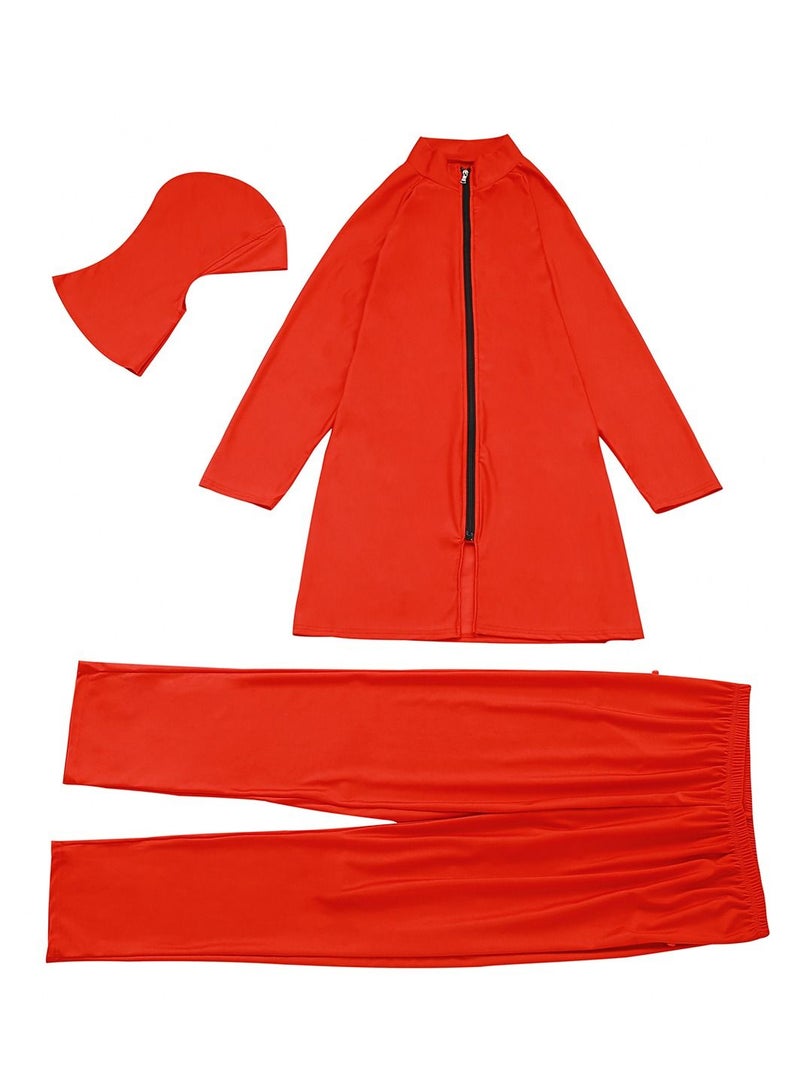 Loquat Womens Big Size 3-Piece Swimwear Set Conservative Style Long Sleeve Burkinis Swimsuit Set Red  - Image 2