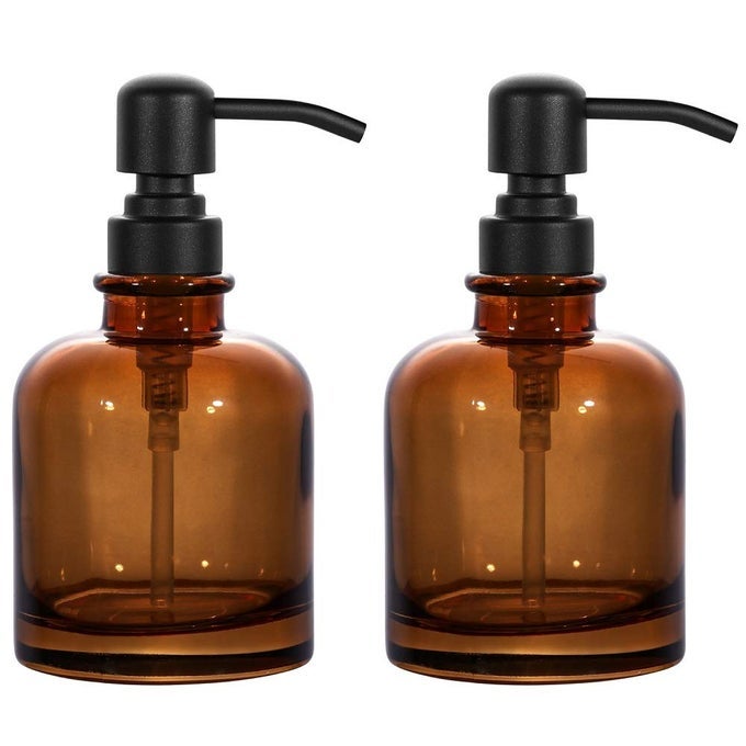 2 PCS THICK AMBER GLASS JAR SOAP DISPENSER WITH MATTE BLACK STAINLESS STEEL PUMP 12OUNCE BOSTON ROUND BOTTLES DISPENSER WITH RUSTPROOF PUMP FOR ESSENTIAL OIL MATTE BLACK