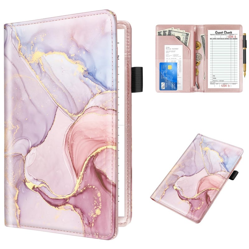 WAVEYU Server Book for Waitress Book with Zipper Pocket, Cute Server Books for Waiter Leather, Money Organizer Wallet, Cash Check Bill Receipt Holder Presenter, 8x5 inch, Colorful Marble - Image 1
