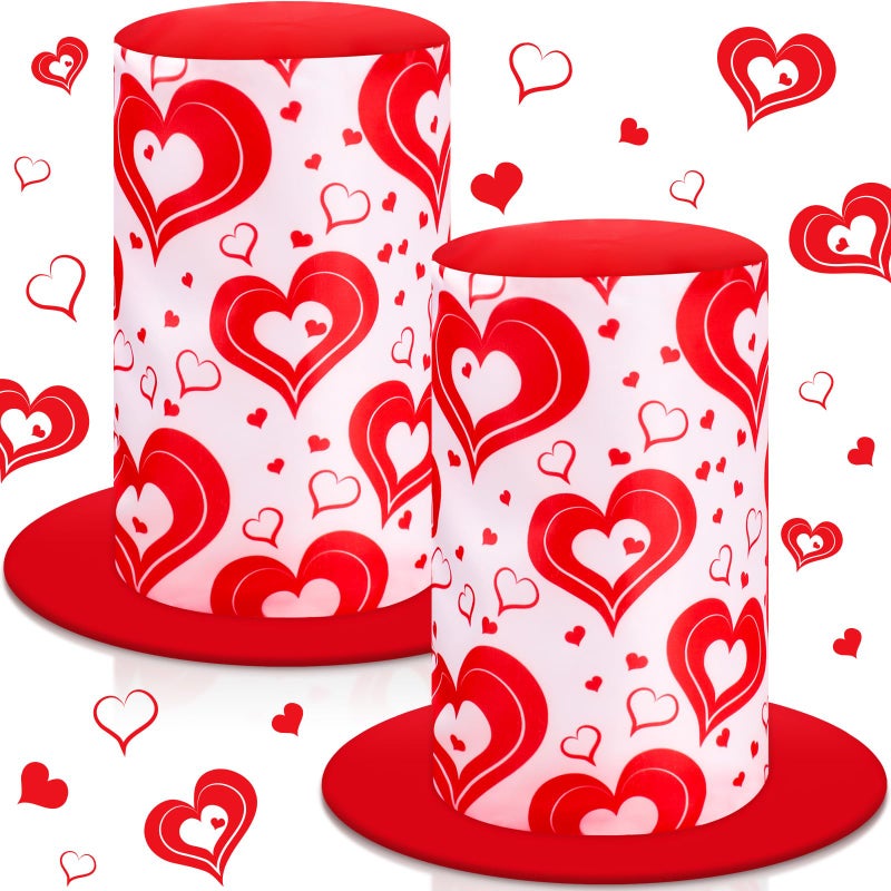 ShinyMatch 2 Pcs 2 Pcs Valentine's Day Top Hat for Man Woman Red Hearts Stovepipe Party Costume Accessories(Valentine's Day) - Image 1