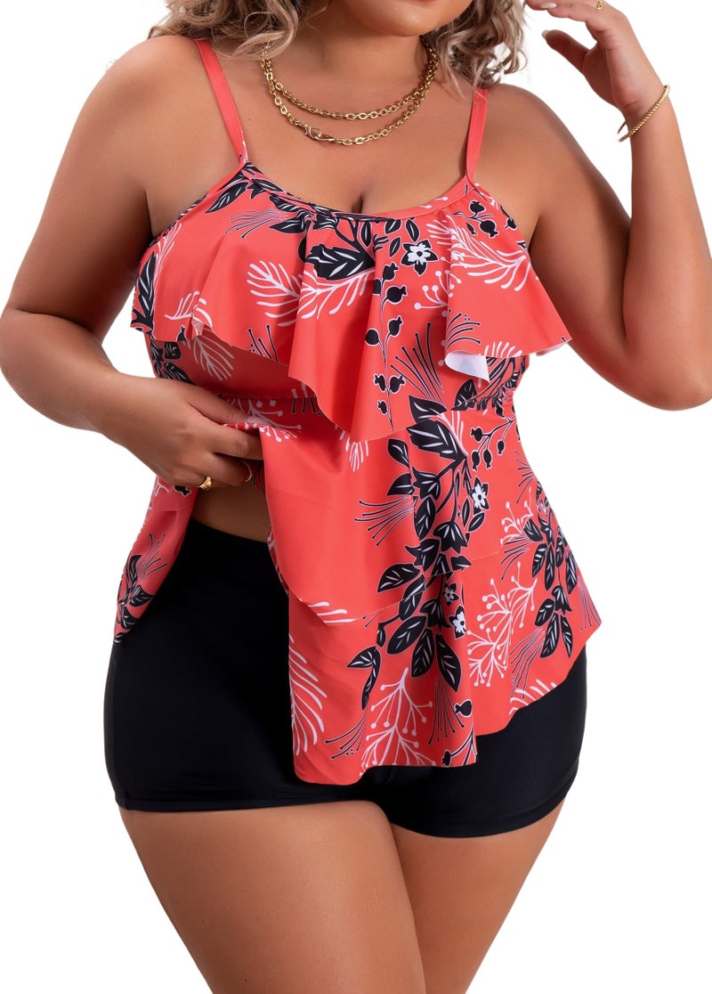 B2prity Women Plus Size Tankini Swimsuits Tummy Control Two Piece Bathing Suit Ruffled Flounce Swimwear with Shorts - Image 1