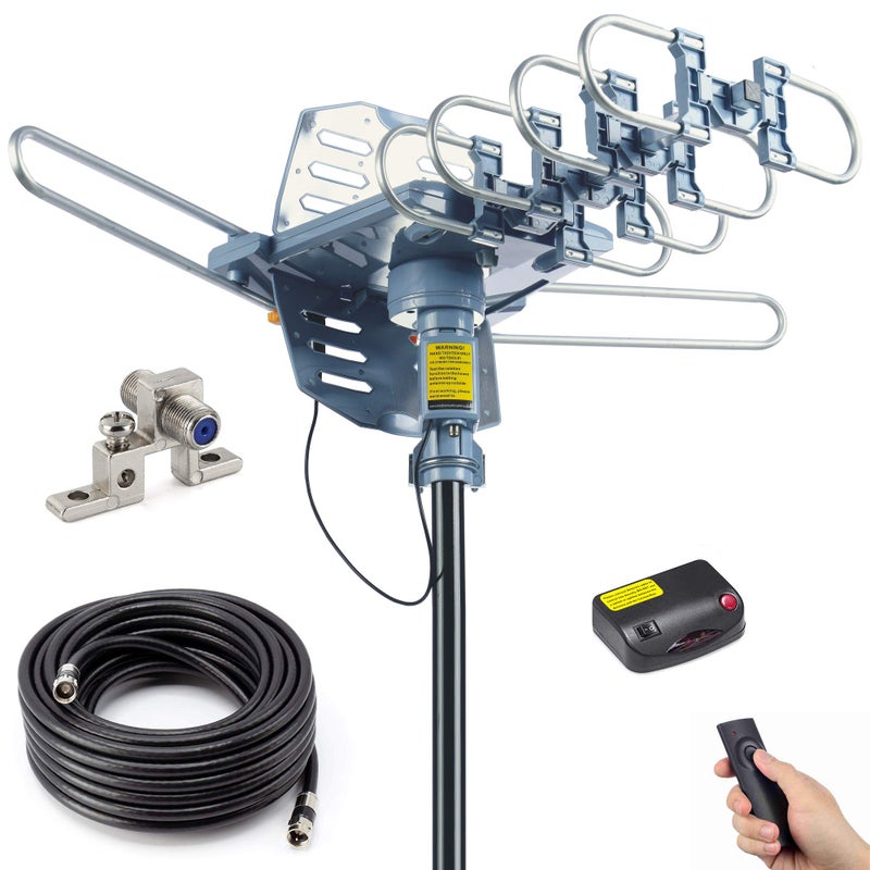 PBD Outdoor Digital Amplified HDTV Antenna 150 Mile Motorized 360 Degree Rotation Wireless Remote Control 59FT RG6 Coax Cable Coaxial Grounding Block UHF VHF 1080P 4K Support 2 TVs
