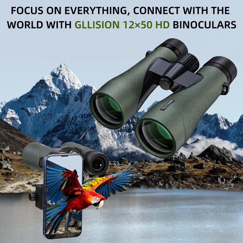 GLLYSION 12X50 Professional HD Binoculars for Adults with Phone Adapter, High Power Binoculars with BaK4 prisms, Super Bright Lightweight & Waterproof Binoculars Perfect for Bird Watching, Hunting, Stargazing - Image 2