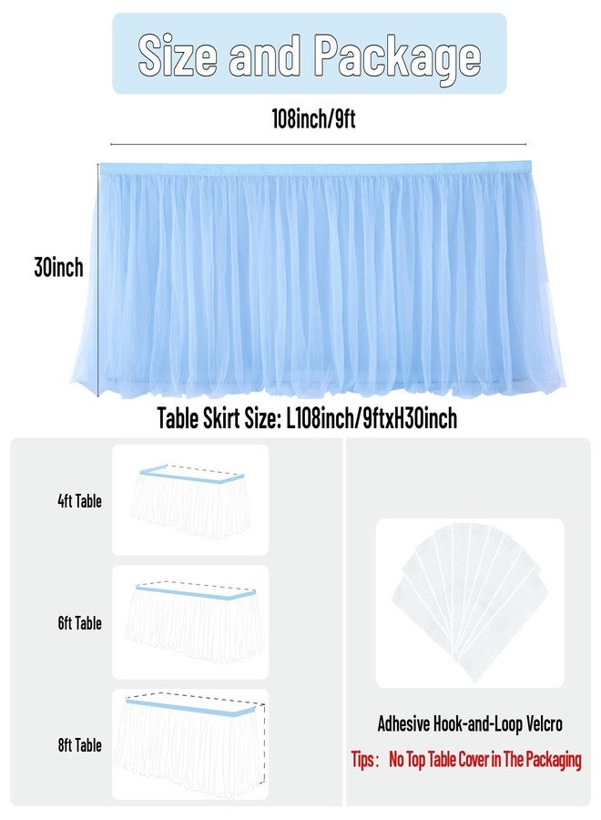 تنورة طاولة من التول الأزرق الفاتح بطول 108 بوصة للطاولات المستطيلة بطول 6/8/4 أقدام، تنورة طاولة من التول الأزرق المكشكش بطبقتين باللون الذهبي بطول 9 أقدام لتزيين حفلات أعياد ميلاد الأولاد وحفلات استقبال المولود الجديد وطاولات الحلويات (بدون غطاء للطاولة). - Image 5