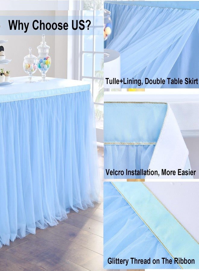 تنورة طاولة من التول الأزرق الفاتح بطول 108 بوصة للطاولات المستطيلة بطول 6/8/4 أقدام، تنورة طاولة من التول الأزرق المكشكش بطبقتين باللون الذهبي بطول 9 أقدام لتزيين حفلات أعياد ميلاد الأولاد وحفلات استقبال المولود الجديد وطاولات الحلويات (بدون غطاء للطاولة). - Image 4