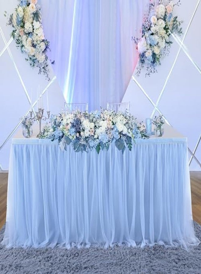 تنورة طاولة من التول الأزرق الفاتح بطول 108 بوصة للطاولات المستطيلة بطول 6/8/4 أقدام، تنورة طاولة من التول الأزرق المكشكش بطبقتين باللون الذهبي بطول 9 أقدام لتزيين حفلات أعياد ميلاد الأولاد وحفلات استقبال المولود الجديد وطاولات الحلويات (بدون غطاء للطاولة). - Image 3