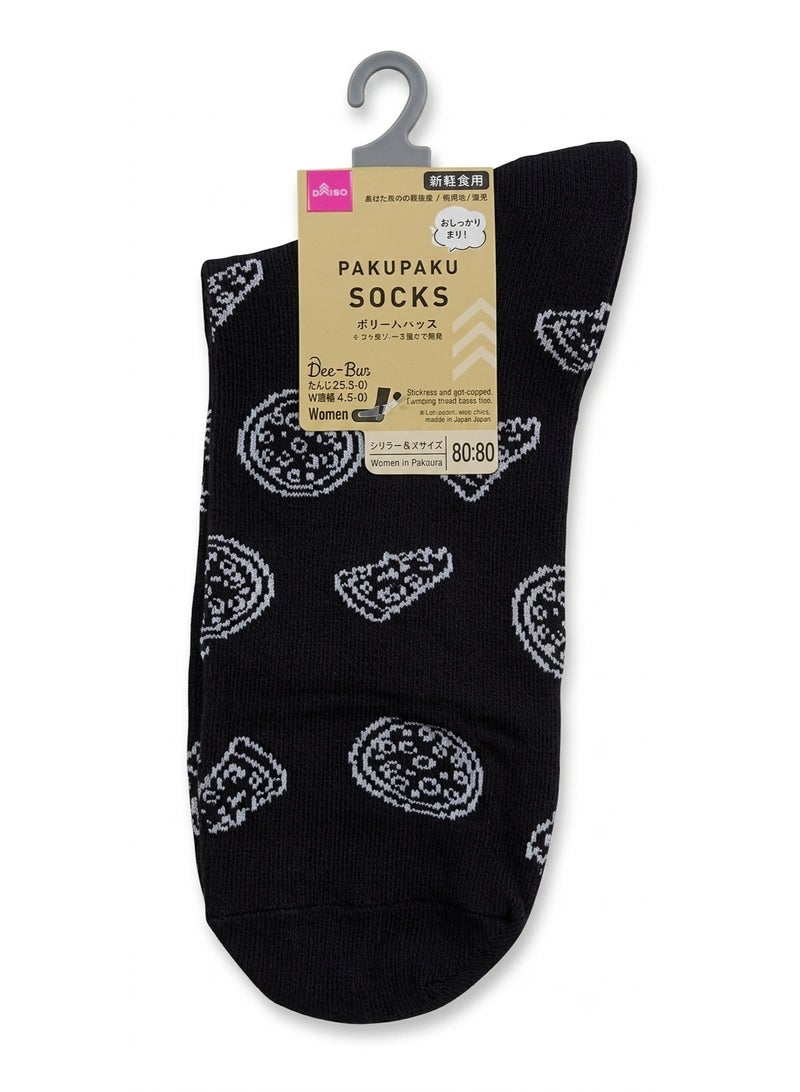 PAKUPAKU Black Pizza Motif Crew Socks, Antimicrobial Anti-Odor, for Men & Women