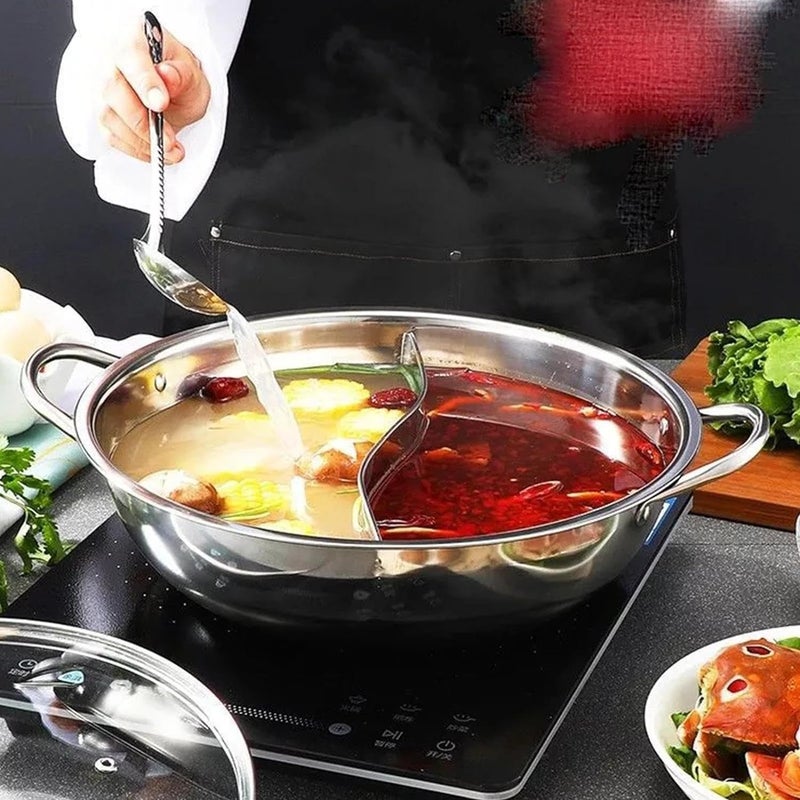 Jolfay Jolfay Stainless Steel Two-Handed Pot, Partition Pot, Mandarin Duck Pot, Gas Stove, High Strength Pot with Lid, Tabletop Pot, for 2 People, Enjoy Two Flavors at The Same Time, Stainless Steel  - Image 5