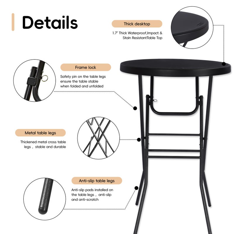 pollilar Cocktail Table 28in Portable Folding Bar Height Table, Compact Round High Top Plastic & Steel Bistro with Removable Legs, Indoor Outdoor RV Patio Catering Parties Commercial Events-Black - Image 3