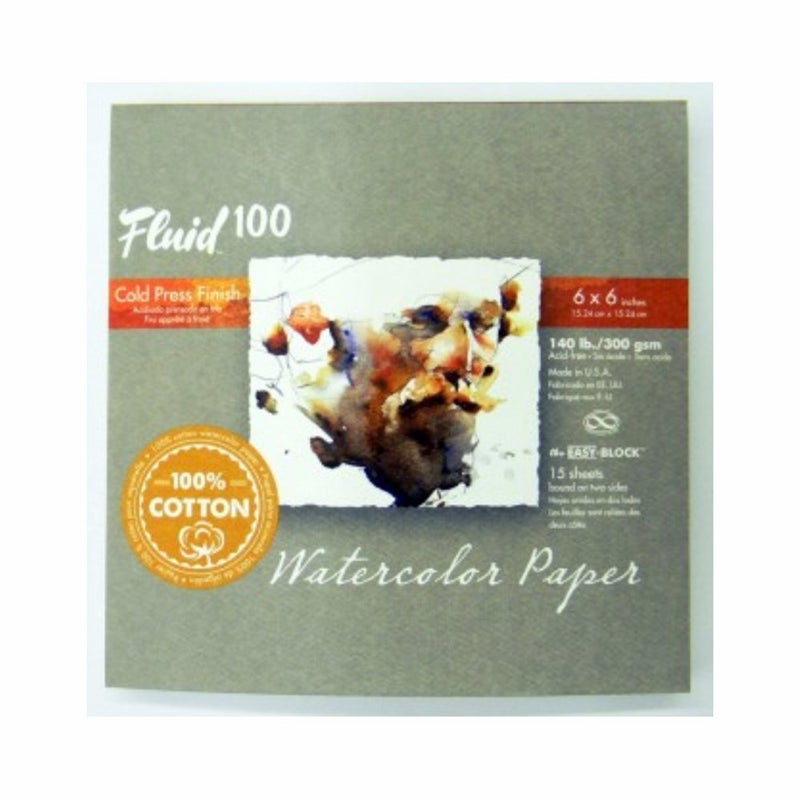 Fluid 100 Watercolor Paper Block 6 x 6 inches 15 Sheets 140 lb 300 GSM 100 Cotton Cold Press Pad for Artist Painting and Wet Media