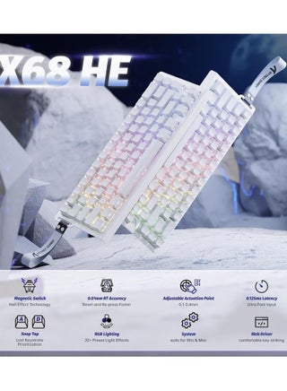 لوحة مفاتيح الألعاب الميكانيكية X68 HE Rapid Trigger، سلكية بنسبة 60%، مع إمكانية تعديل التفعيل، ومفتاح مغناطيسي بتقنية تأثير هول، ومعدل استجابة 8 كيلو هرتز، وإضاءة خلفية RGB، وتركيب علوي، وغطاء مفاتيح مطبوع جانبياً (أبيض محيطي). - view 2