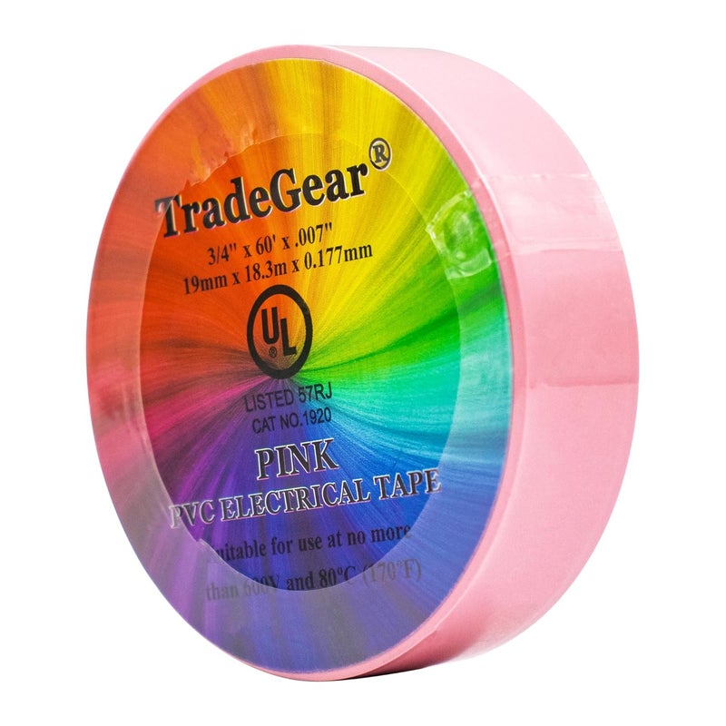 TradeGear شريط كهربائي ملون - PVC للاستخدام العام - مقاوم للماء، مقاوم للاشتعال، لاصق قائم على المطاط، معتمد من UL - مصنف لحد أقصى 600 فولت و 80 درجة مئوية - 60 قدم × 3/4 بوصة × 0.07 بوصة (1 عبوة وردي) - Image 4