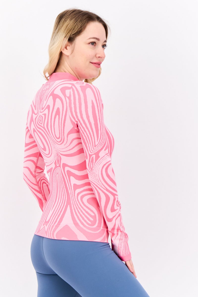 LAPP Women High Neck Long Sleeve Abstract Print Half Zip Sweathirt, Pink - Image 2