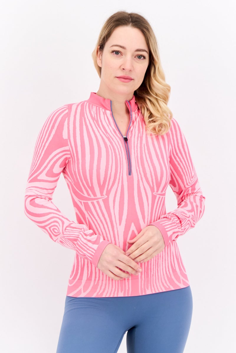 LAPP Women High Neck Long Sleeve Abstract Print Half Zip Sweathirt, Pink - Image 1