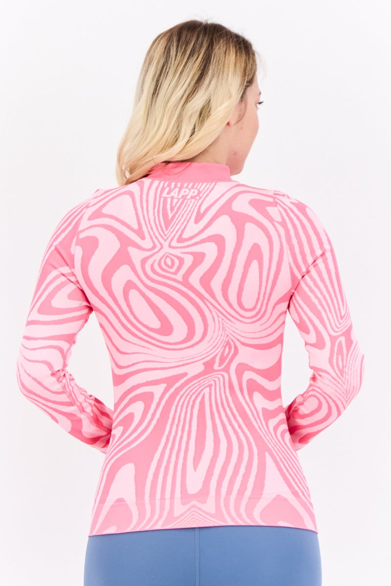 LAPP Women High Neck Long Sleeve Abstract Print Half Zip Sweathirt, Pink - Image 3