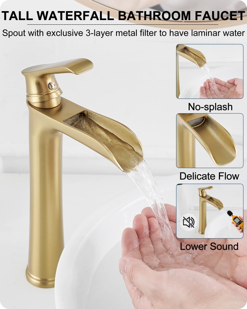 HOIGY Vessel Sink Faucet, Tall Brass Waterfall Bathroom Faucet 1 Handle Gold Faucets for Bathroom Vanity 1 Hole with Pop-Up Drain & Supply Hoses - Image 2