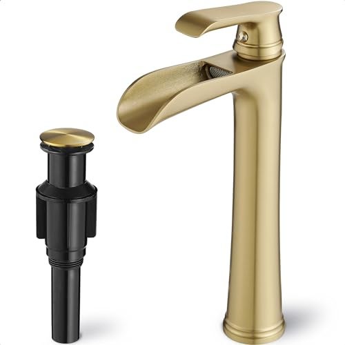 HOIGY Vessel Sink Faucet, Tall Brass Waterfall Bathroom Faucet 1 Handle Gold Faucets for Bathroom Vanity 1 Hole with Pop-Up Drain & Supply Hoses - Image 1