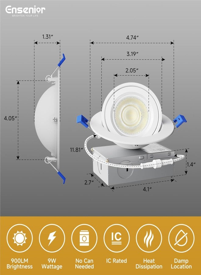 Ensenior 4 Pack 4 inch 5CCT LED Gimbal Led Recessed Light with Junction Box, 360°+90° Adjustable Directional Eyeball Lighting, Dimmable, 2700K/3000K/3500K/4000K/5000K, 950LM, 10W=85W-ETL&FCC - Image 5