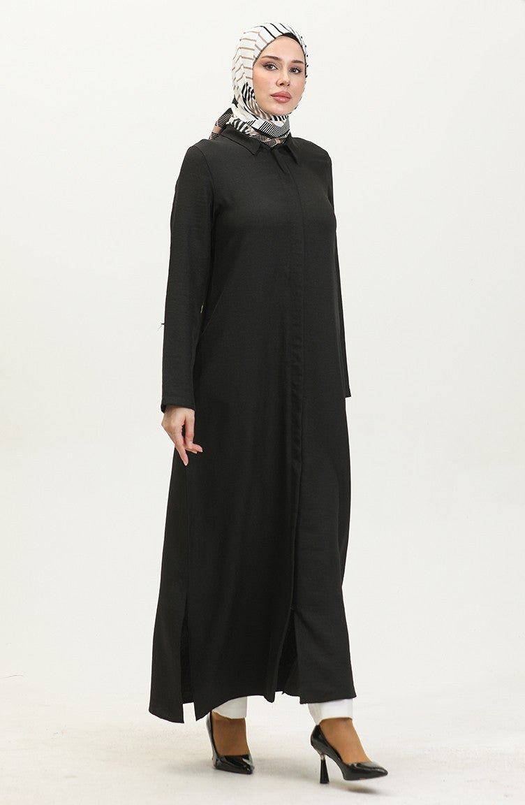 Sefa Merve Shirt Collar Abaya 24019-01 Black - Image 2