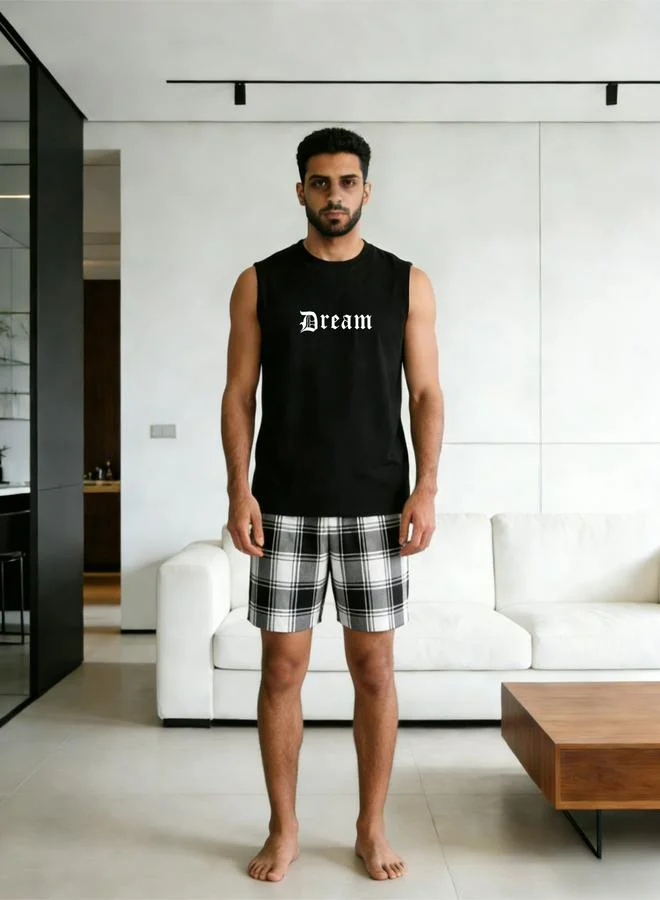 Take Two Men Black Sleeveless Tank and Checkered Shorts Pyjama Set
