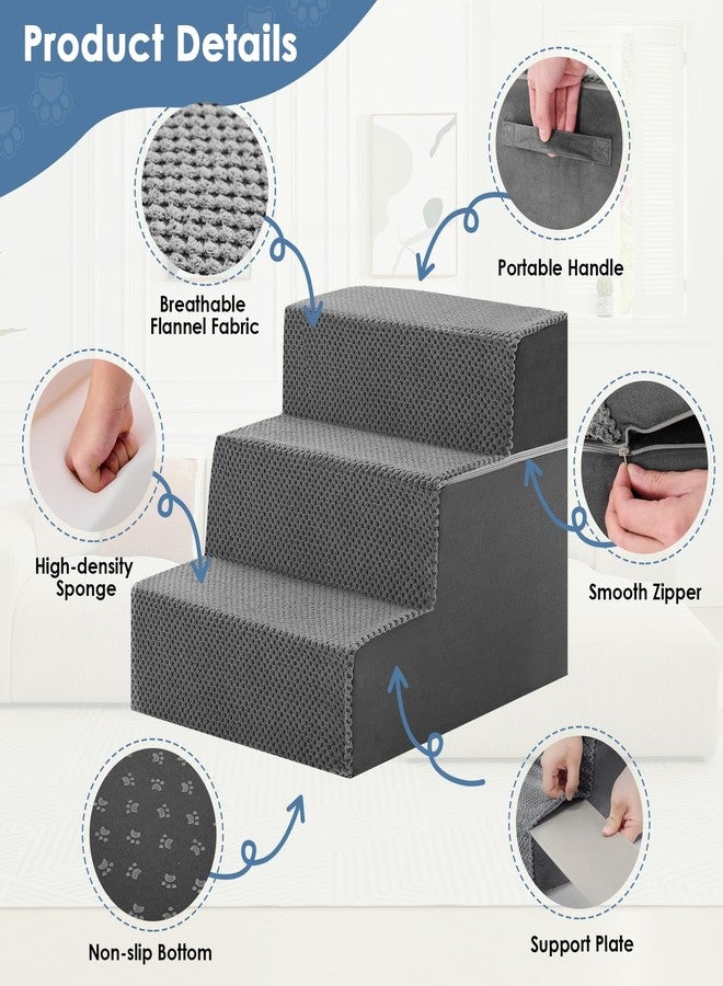 DUMOS Dog Stairs for Small Dogs, 3-Steps Non-Slip Balanced Indoor Foldable Dog Steps with Density Foam & Washable Cover, Cat Puppy Old Pet Stairs for High Bed, Couch, Sofa - Grey, 18" H - Image 3