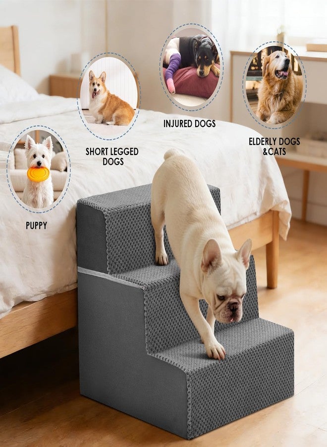 DUMOS Dog Stairs for Small Dogs, 3-Steps Non-Slip Balanced Indoor Foldable Dog Steps with Density Foam & Washable Cover, Cat Puppy Old Pet Stairs for High Bed, Couch, Sofa - Grey, 18" H - Image 2