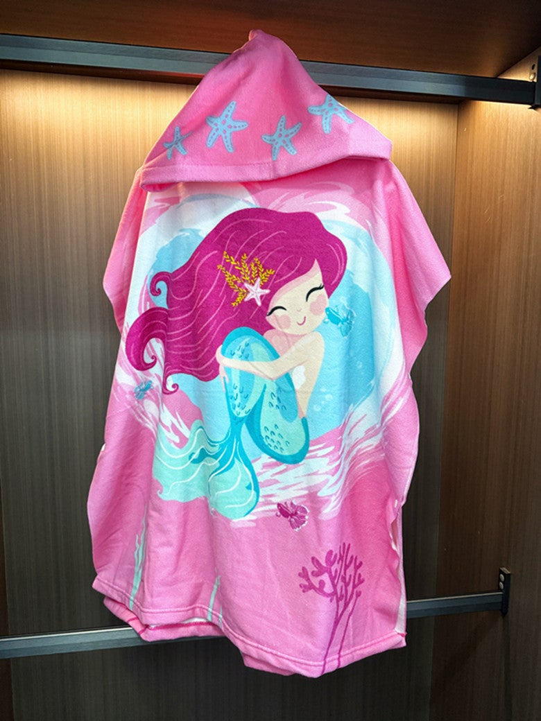 Kids Hooded Bathrobe Cape Large Quick-Dry Towel Starfish mermaid comes with storage backpack (70*150cm suitable for 5-15 years old) 