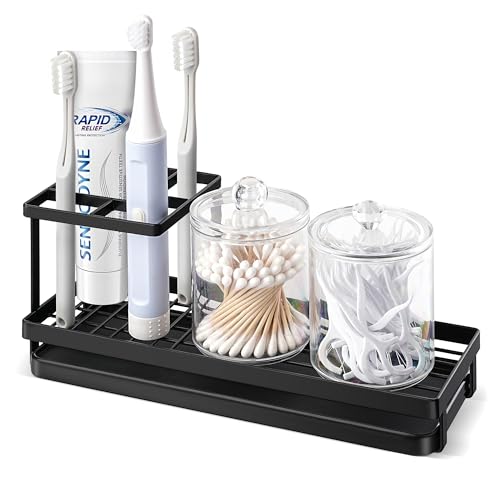MYITYARD Toothbrush Holders for Bathrooms, 4 Slots Rustproof Metal Tooth Brushing Organizer with Drainage, Electric Tooth Brush Toothpaste Holder for Bathroom Countertop, Black - Image 1