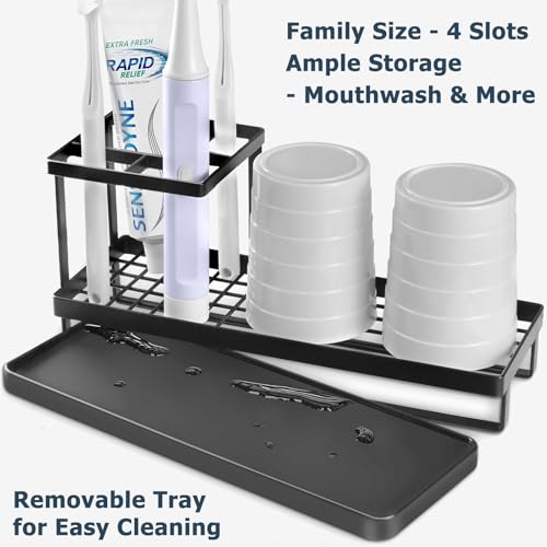 MYITYARD Toothbrush Holders for Bathrooms, 4 Slots Rustproof Metal Tooth Brushing Organizer with Drainage, Electric Tooth Brush Toothpaste Holder for Bathroom Countertop, Black - Image 3