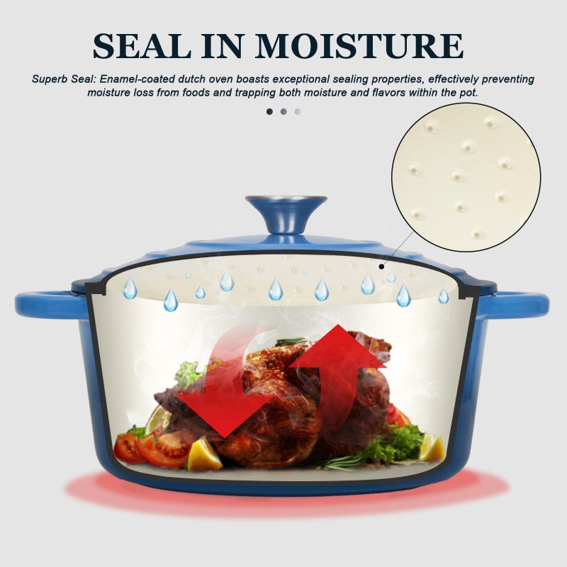 Overmont Enameled Cast Iron Dutch Oven - 7QT Pot with Lid Cookbook & Cotton Potholders - Heavy-Duty Cookware for Braising, Stews, Roasting, Bread Baking blue - Image 2