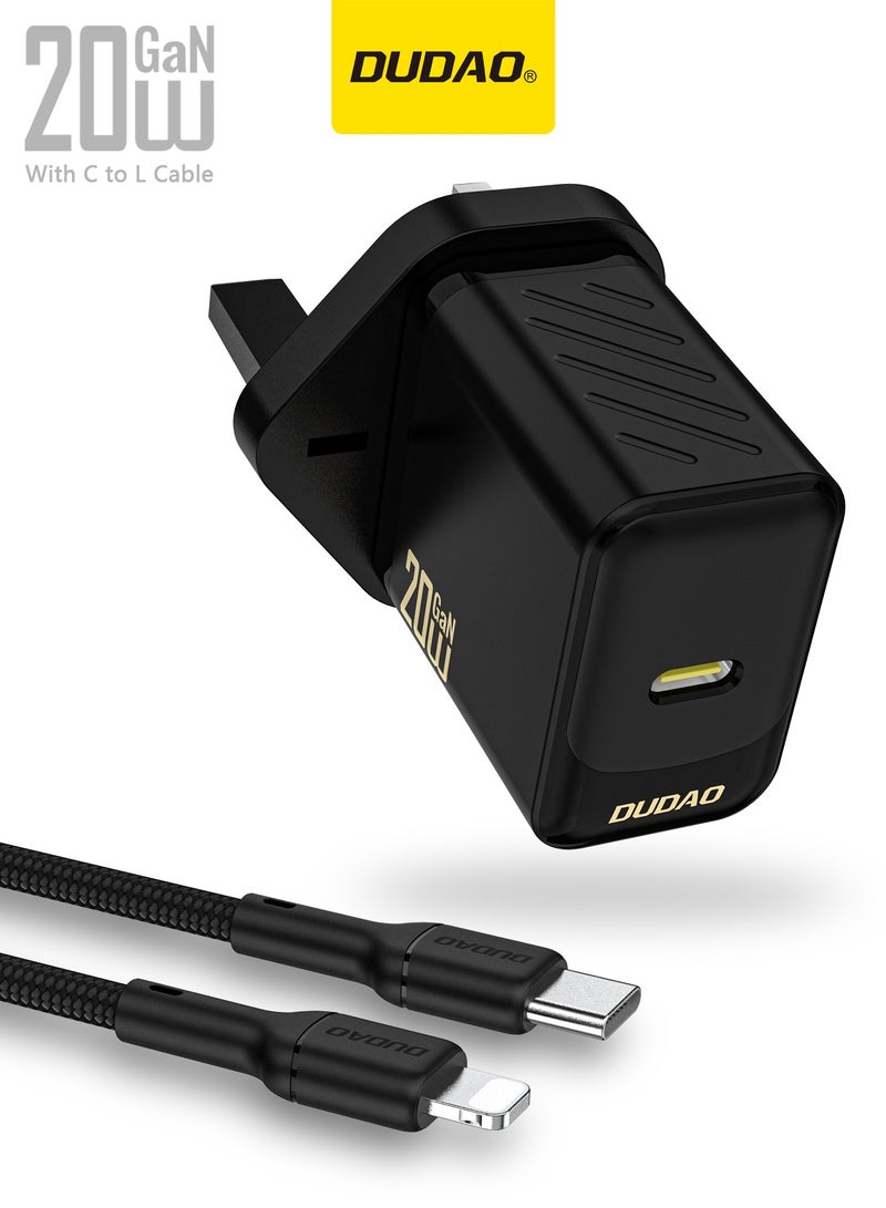 DUDAO PD 20W Fast USB C Charger, GaN Chip Fast Charger, with Type C to Lightning Cable, USB C Power Plug Universal Adapter, Wall Charger Compatible with Phones, iPads, Laptops - Image 1