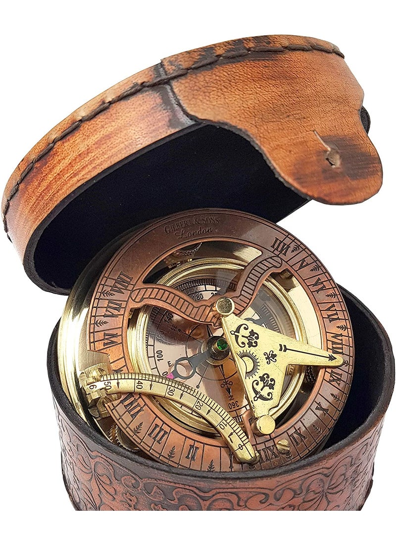 Royal Nautical - Royal Nautical Designer Antique Brass Copper Sundial Compass Sundial Clock with Leather Case - Image 1