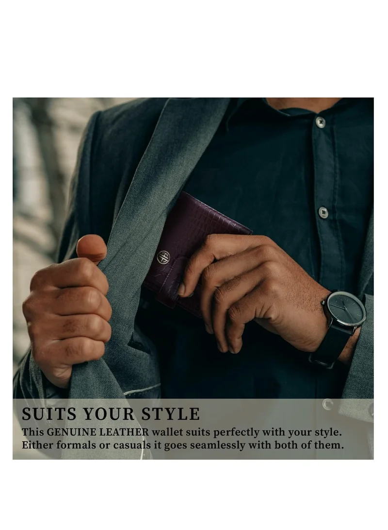 HAMMONDS FLYCATCHER Leather Wallet for Men - RFID Protected Leather Purse for Men, Money Purse for Men - 5 Card Slots, Coin Pocket, Hidden Pockets, Metal Snap Button - Croc Brown | VS1K