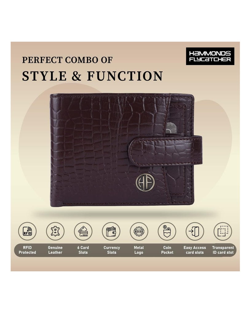 HAMMONDS FLYCATCHER Leather Wallet for Men - RFID Protected Leather Purse for Men, Money Purse for Men - 5 Card Slots, Coin Pocket, Hidden Pockets, Metal Snap Button - Croc Brown | VS1K  - Image 3