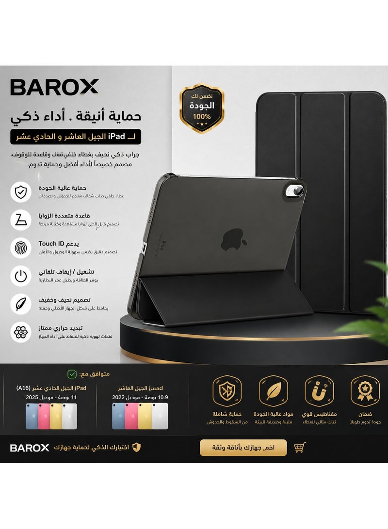 باروكس جراب لجهاز iPad (A16) الجيل الحادي عشر، وiPad الجيل العاشر، أسود  جراب لجهاز iPad مقاس 11/10.9 بوصة، موديلات 2025/2022، بتصميم نحيف وقاعدة للوقوف وغطاء خلفي صلب شفاف، يدعم Touch ID، ويدعم التشغيل/الإيقاف التلقائي عند فتح وإغلاق الغطاء - Image 1