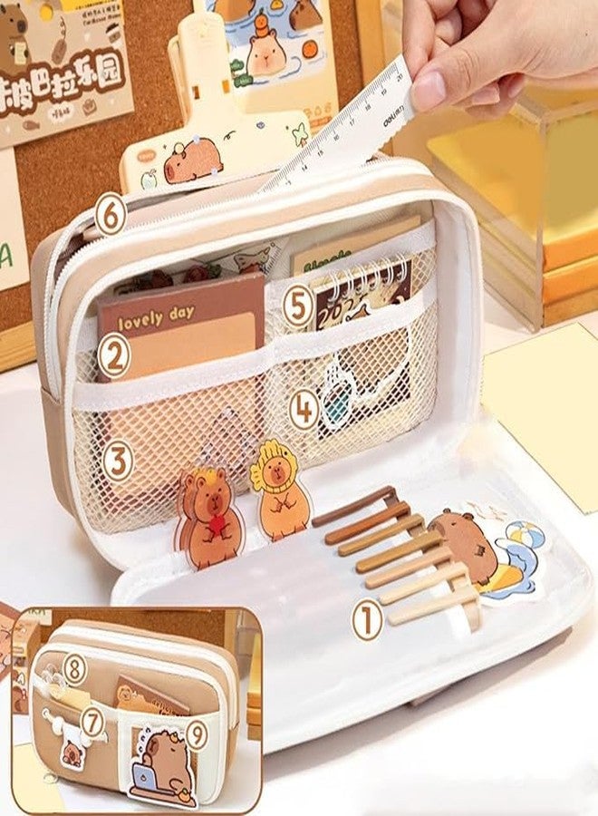 Buybeat Pencil Case Pouch for Girls & Boys Aesthetic Multi-Compartment Zipper Pouch with Drawstring Pocket, Cute Kawaii Pencil Case, Stylish Stationery Bag for School, College & Office Use (Brown) - Image 3